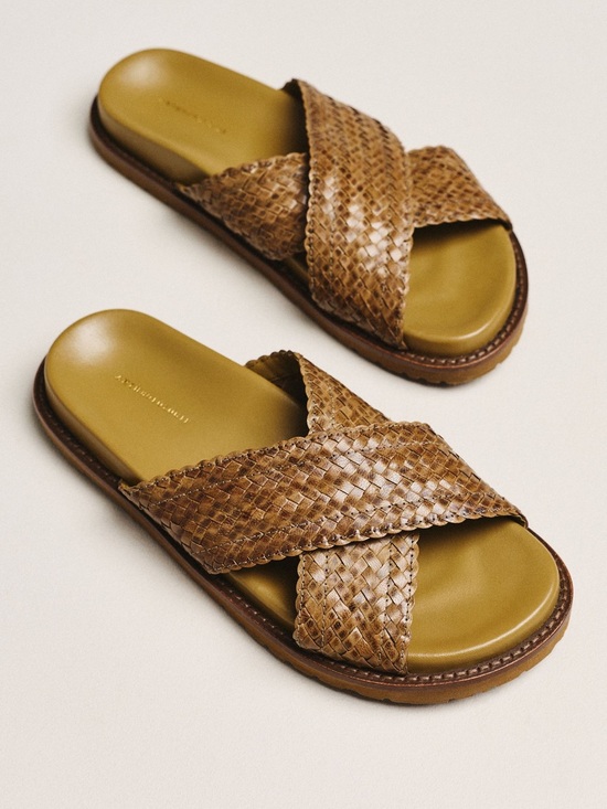 Anthropologie Shoes - Anthropologie Woven Leather Crossband Slide Sandals in Tan and Olive